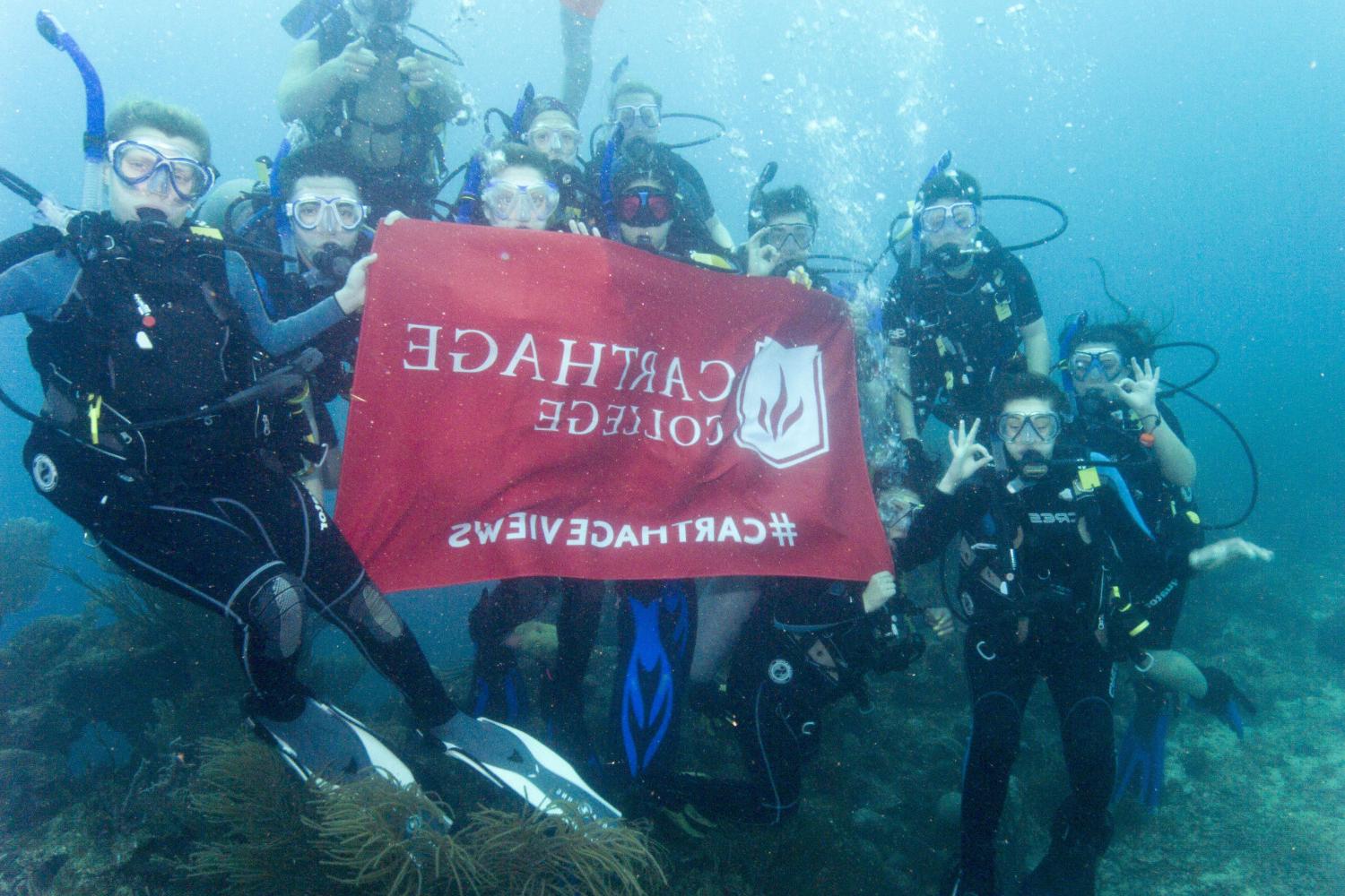学生们手持<a href='http://zcq.sno.cskz58.com'>bv伟德ios下载</a>旗帜，在j学期洪都拉斯游学之旅中潜水.